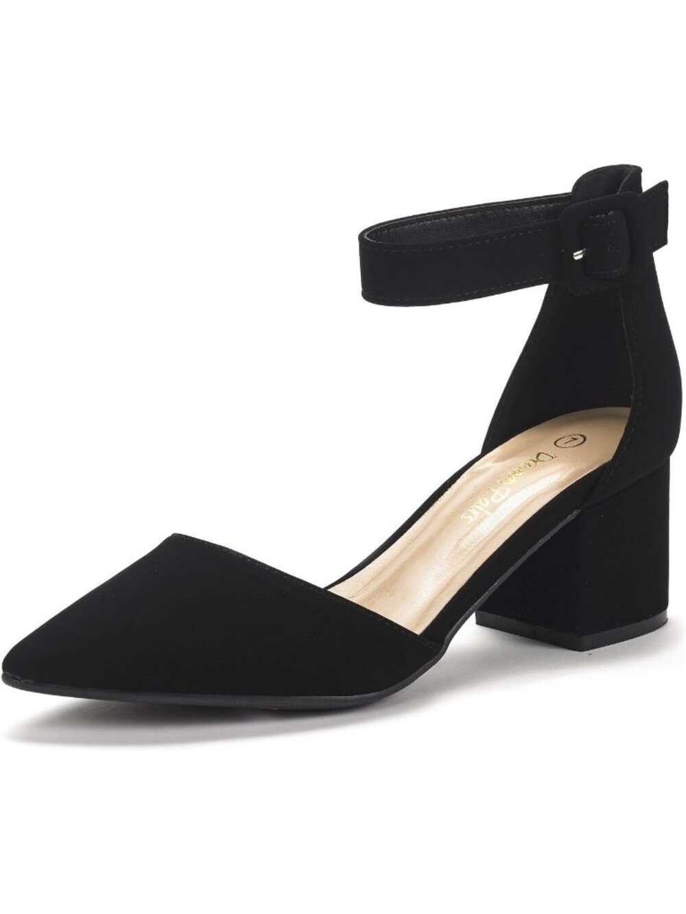 Women's Black Nubuck ANNEE Closed Toe Chunky Block Heels Ankle Strap Pumps Shoes